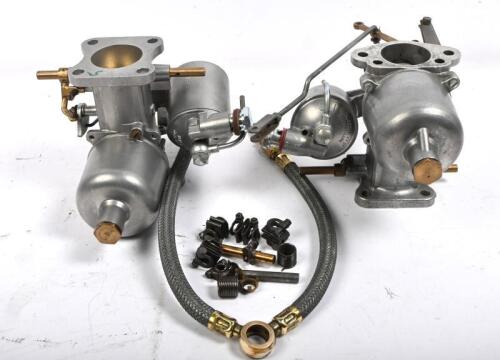 TRIUMPH: A set of Triumph TR3 1 & 3/4 inch 'S.U Carburettors' rebuilt and refurbished complete with linkages and flexible steel banjo pipe