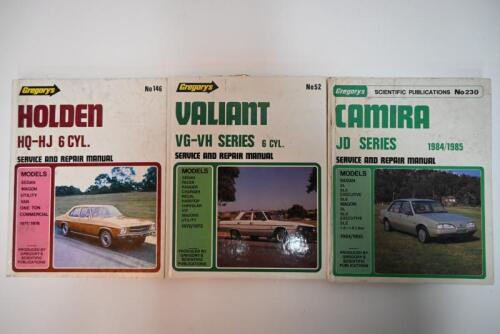 WORKSHOP MANUALS: AUSSIE CARS, 3 Gregory's Service and repair manuals for Holden HQ and HJ models. Valiant VG and VH models. Camira JD Series models.