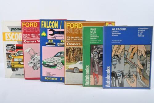 WORKSHOP MANUALS: Six aftermarket workshop manuals for the following cars, Ford Mustang II, Falcon and Fairlane XD,XE,XF models. Ford Fiesta 1976 - 1983. Ford Escort XR3 models. Alfa Sud 1976, Fiat X1/9 1974 -1977 models.
