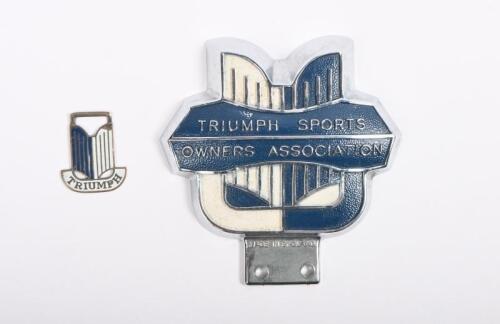 TRIUMPH: Two Triumph related badges including a Triumph Sports Owners Association car badge, and a small enamelled badge