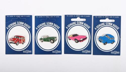 REV GOMM: A collection of four Rev Gomm badges of British cars including Morris and Austin&nbsp;Healey