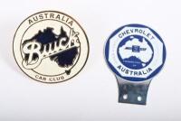GENERAL MOTORS: A Australia Buick car club grille badge and a Veteran & Vintage Chevrolet automobile association badge