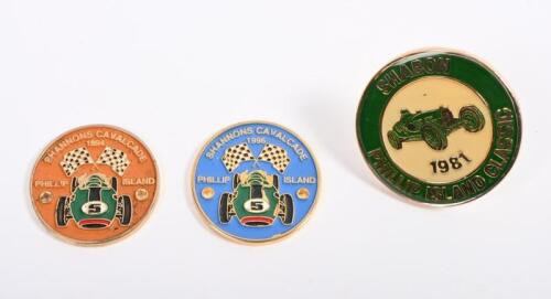 PHILLIP ISLAND: Three badges related to Phillip Island events including Shabon 1981 Phillip Island Classic and Shannon's 1994 & 1996 Cavalcade badges