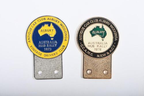 ANTIQUE CAR CLUB ALBURY: Two grille badges from the Antique Car Club Albury Wodonga&nbsp;Australian Hub Rally 1973 & 1978