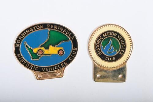 HISTORIC VEHICLES CLUB: A Mornington Peninsula Historic Vehicles Club badge and a&nbsp;Historic Vehicles Club badge