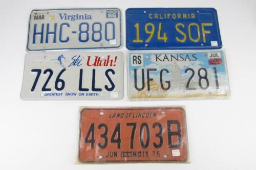 AMERICAN NUMBER PLATES: A collection of five number plates from various U.S.A&nbsp;states.