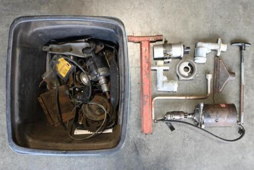 MG: Parts. One box of assorted parts including distributor, mountings, master cylinder, horn, heater ducts, starter motor, jack and spanner.
