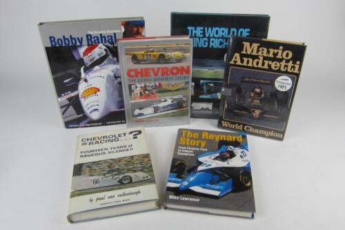 AMERICAN AUTO RACING/DRIVERS: Six hardcover books detailing American auto racing and drivers. Mario Andretti, Paul Van Valkenburgh, Richard Petty signatures