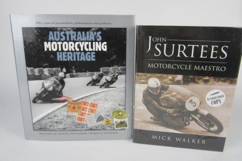 MOTORCYCLES: Two hardcover books detailing motorcycling history. John Surtees signature