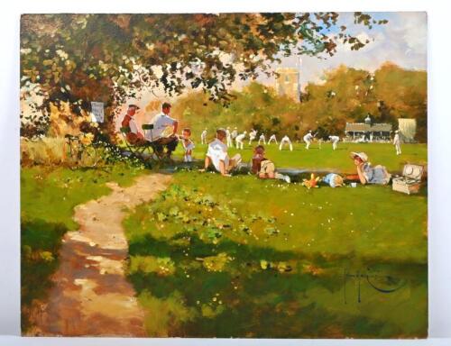 JOHN HOSKINS: A oil painting depicting&nbsp;a cricket match in a park. Oil painting on board with artists John Hoskins signature in right corner