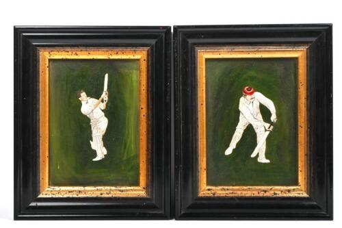 CRICKETERS: Two decorative paintings of batsman, framed in black and gold frames