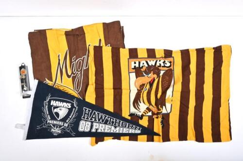 HAWTHORN: A collection of Hawthorn AFL memorabilia including 2008 Premiers pennant flag, souvenir&nbsp;spoon, vintage 'Hawks' VFL pillow case and 'Mighty Hawks' tea towel
