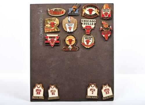 CHICAGO BULLS: A nice collection of 15 C.1990s Chicago Bulls NBA pins including 5 and 6 time champions pins, player jersey pins from Scottie Pippen and Dennis Rodman and others