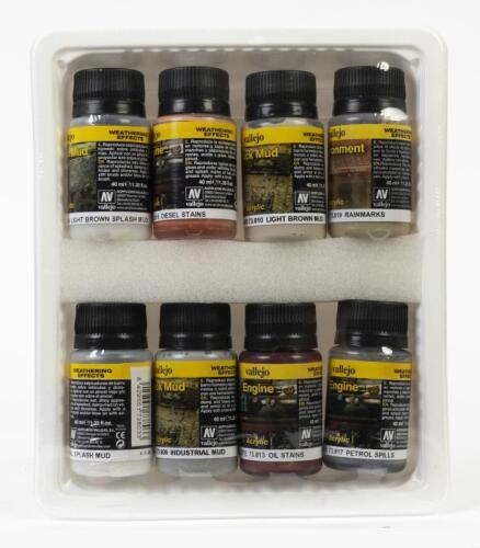 VALLEJO: A sealed NOS Vallejo Acrylic Weathering Effects Set includes Muds/Engine Diesel Stains/Rainmarks/Oil Stains/Petrol Spills
