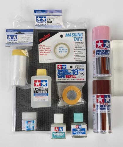 MODELLING ITEMS: NOS Tamiya Modelling Items Diorama Sheet/Thinner/Retarder/Primer/Brush Fluid/Primer Sprays & Masking Tapes - Qty Approx 10 items