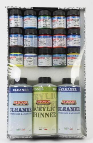 LIFECOLOR PAINT PRODUCTS: NOS Unused Lifecolor Products: 15 Paint Jars asst. colors & 3 Brush Cleaner-Thinner