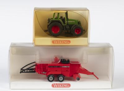 FENDT: 2 NOS 1:87 scale Wiking Fendt Tractor & Massey Ferguson Trailer models