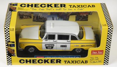 ATLANTA TAXI: A NOS 1:18 scale Sunstar Atlanta 1981 Checker Taxi Cab die-cast model with opening bonnet, boot & doors