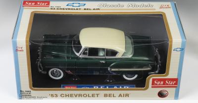 CHEVROLET: A NOS 1:18 scale Sunstar Chevrolet 1953 Bel Air Coupe die-cast model with opening parts