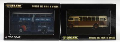 TRUX BUSES: 2 NOS 1:76 scale Top Gear Trux Buses Leyland 1952 Tiger Single Deck Bus & Atlantean Double Deck Bus "Buck Rogers Night Tours" die-cast scale models