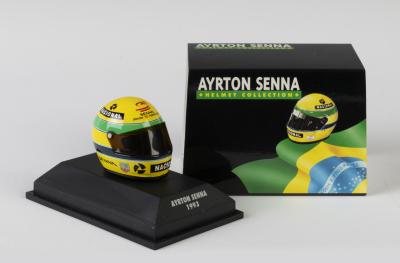 HELMET: A NOS 1:8 scale Minichamps Ayrton Senna Helmet Collection 1993 Paris-Barcy Kart mounted on base with acrylic cover