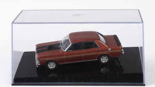 FORD: A NOS 1:43 scale AutoArt Ford Falcon XY GT-HO Phase III Bronze Wine die-cast model with steerable front wheels