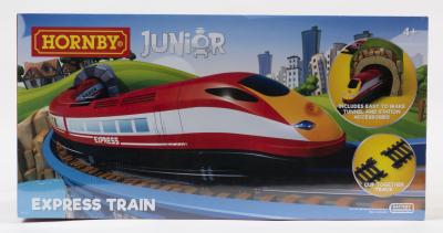 TRAIN SET: A NOS sealed Hornby OO scale Junior Express Train Set includes Train, Track, Tunnel, Station, Signals, Power Poles & Trees