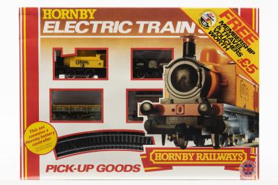 TRAIN SET: A NOS sealed Hornby Electric OO scale Pick Up Goods Train Set includes Steam Locomotive, 3 Wagons, Track, Power Clip and Controller