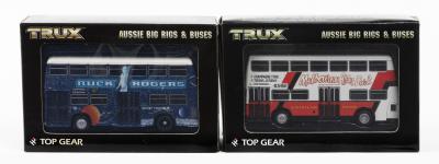 TRUX BUSES: 2 NOS 1:76 scale Trux Leyland Atlantean Double Decker Buses "Melbourne After Dark" & "Buck Rodgers Night Tours" die-cast models