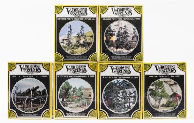 TREES: 6 Packets NOS Woodland Scenics cast metal tree trunk & foliage sealed kits