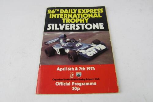 SILVERSTONE: 1974 Daily Express International Trophy Official Programme. Hailwood, Jarier, Pescarolo, Takahara signatures