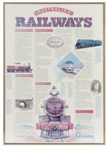 POSTER: A Framed & Laminated Poster of Australian Railways outlining discovering Australia by rail; classic rail journeys & railway heritage by Australian Geographic with hanging cord W51CM x H71CM