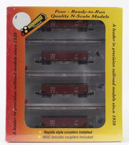 HOPPER WAGONS: A NOS N scale Roundhouse 4 Pack 3 Bay Offset Hopper Wagons CMO