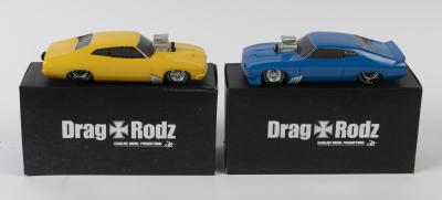 DRAG RODZ: 2 NOS Drag Rodz Outlaws Supercharged XC in Yellow Glo & Blaze Blue resin models approx. 17cm length