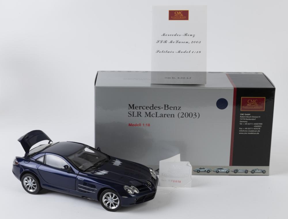 MERCEDES-BENZ: A NOS 1:18 scale CMC Mercedes-Benz 2003 SLR McLaren die-cast  model with opening bonnet, gull-wing doors, fuel cap, boot & raise/lowering  of rear spoiler, turning front wheels - Price Estimate: $ - $