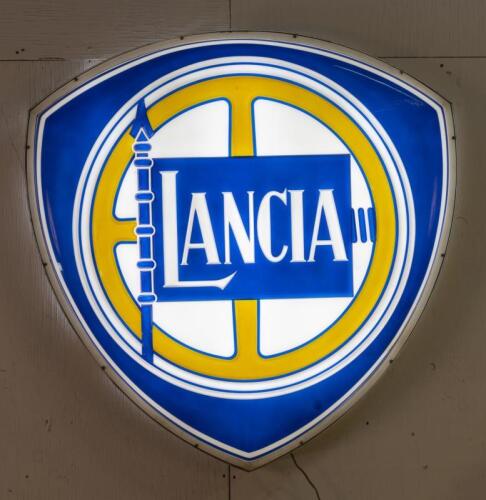 SHOWROOM LIGHTBOX: A large and impressive 1950s shield form&nbsp;Lancia showroom wall mounted lightbox, understood to have adorned the W.H Lowes Whitehorse Road, Balwyn&nbsp;showroom (1950-1957 logo), 130cm high, 130cm wide, 18cm deep
