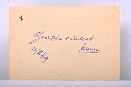 FERRARI: An original Ferrari note card with handwritten message - 'Grazie & Salute' - by Enzo Ferrari, with Enzo Ferrari signature, dated 24/12/69