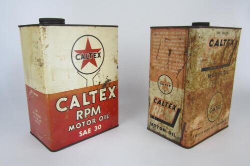 CALTEX: Two 'Caltex RPM Motor Oil' S.A.E 30 oil cans, both with screw lids.