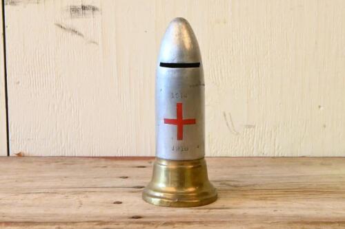TRENCH ART: A WWI brass and aluminium trench art money box, with central debossed and painted George Cross and debossed dates 1914, 1918