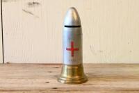 TRENCH ART: A WWI brass and aluminium trench art money box, with central debossed and painted George Cross and debossed dates 1914, 1918