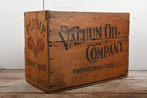 PLUME: A Plume Motor Spirit timber oil tin box, 52cm high, 37cm wide, 26cm deep