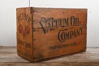 PLUME: A Plume Motor Spirit timber oil tin box, 52cm high, 37cm wide, 26cm deep
