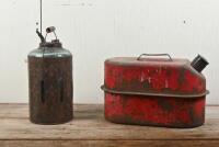 CANS: A vintage rustic red painted petrol can and a "Redkey" iron bound glass oil can, the oil can 32cm high