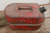 CANS: A vintage rustic red painted petrol can and a "Redkey" iron bound glass oil can, the oil can 32cm high - 2