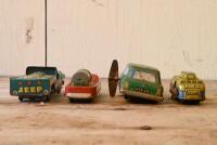 JAPANESE TIN CARS: A collection of four circa 1960s Japanese lithograph printed tin models, including a clockwork tank and Mini Cooper MK II, longest 8.5cm long - 4
