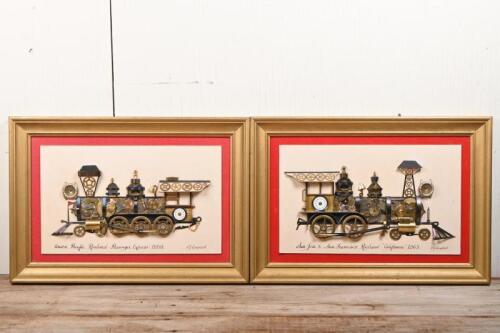 LOCOMOTIVES: A pair of collages assembled from watch parts by LG Campbell, "SanHose & San Francisco Railroad, California 1865" and "Union Pacific Railroad, Passenger Express, 1880" 35 x 50cm overall