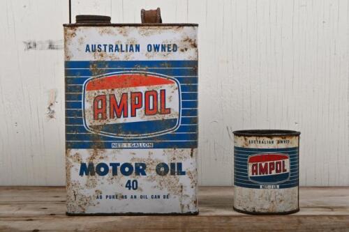 AMPOL: An "Ampol Motor Oil 40" one gallon oil tin and a 1 lb "Ampol WP" tin with no top