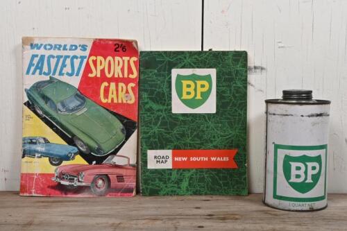 BP: A circa 1960s "BP" one quart oil tin and a NSW road map, together with an issue of "World's Fastest Sports Cars" featuring a COR/BP advert to the back page