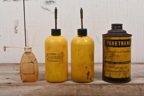 OILERS: Three plastic oilers and a "Penetrene" oil tin