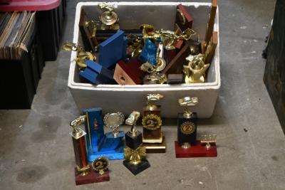 TROPHIES: A large collection of Radio Controlled Car plastic race trophies, the tallest 46cm high